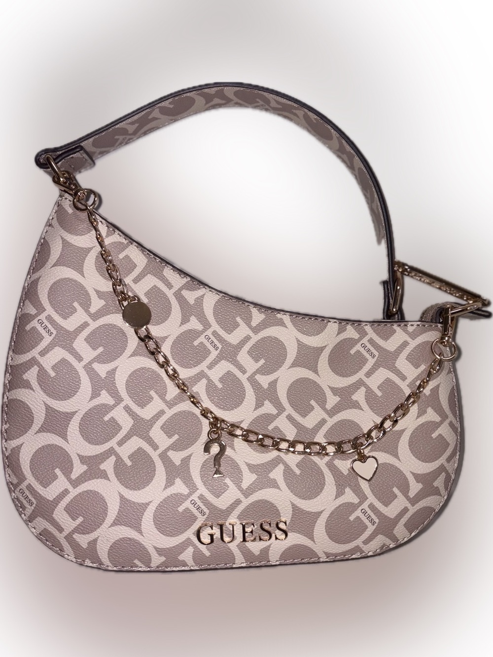 GUESS Taupe & Cream Logo-Print Chain-Accent Shoulder Bag